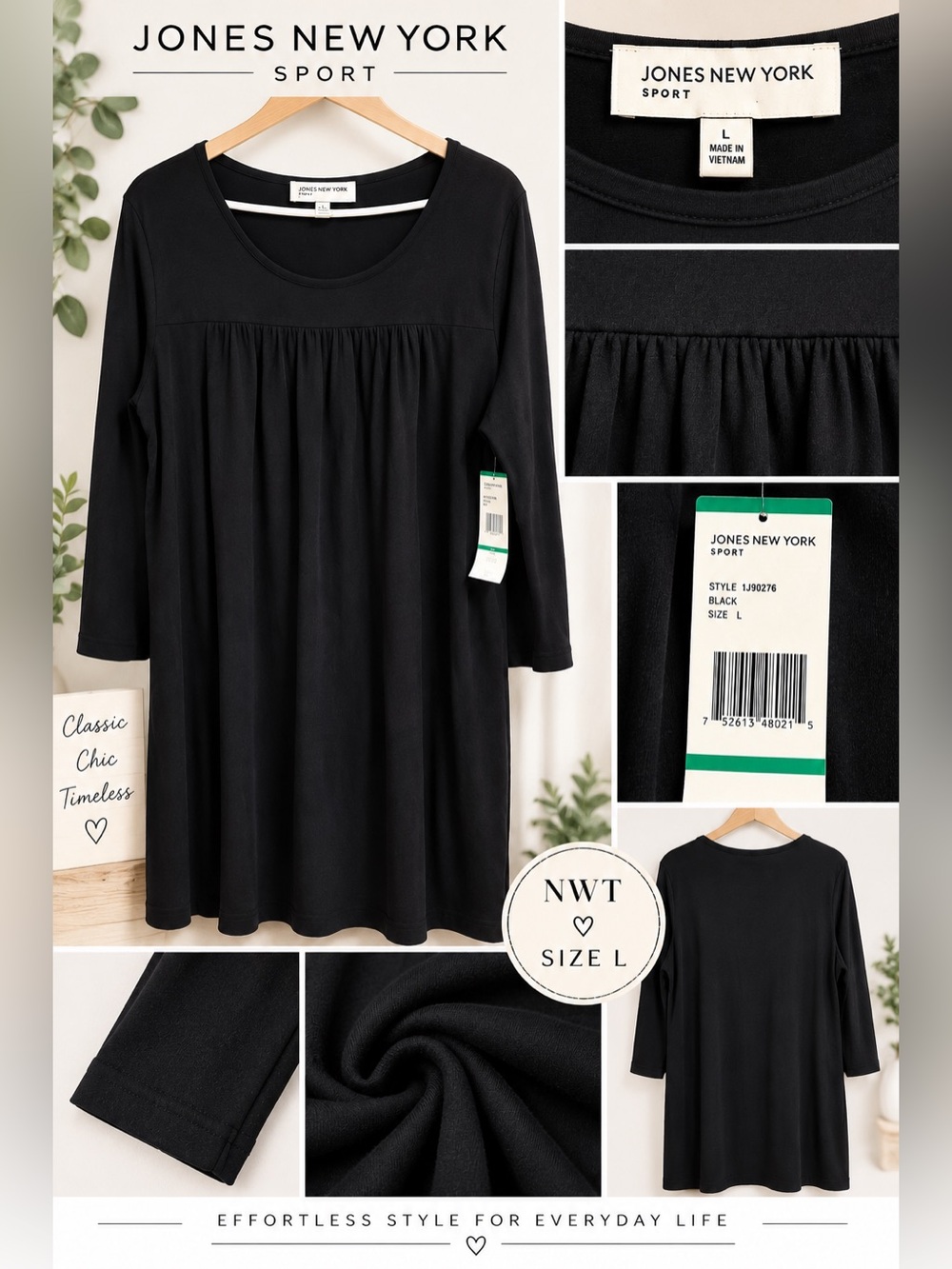 NWT Jones New York Sport Black Tunic Shift Dress Size L